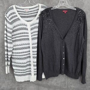 Merona Cardigan Sweater Bundle XXL Black White Grey Stripe Bling Button Up Knit